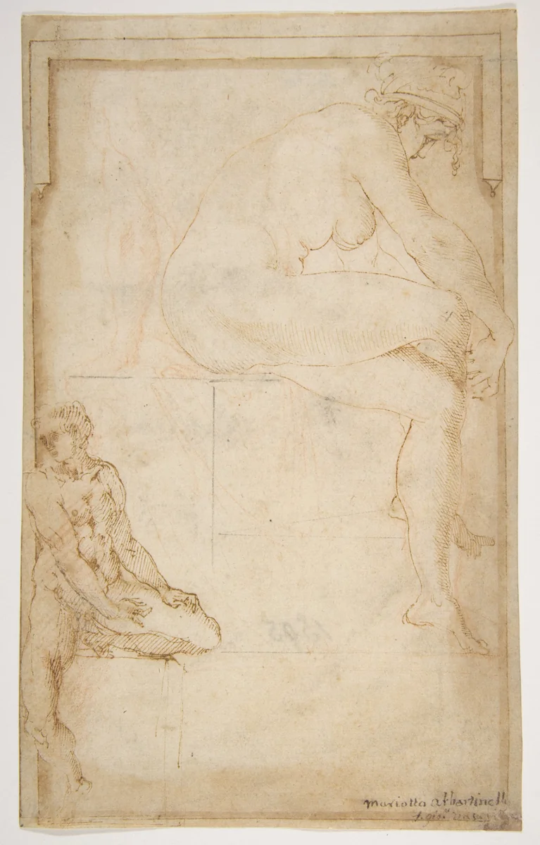 Two Figures in an Architectural Setting: A Female Nude Seated in a Profile View and a Seated Male Nude in a Three-Quarter View with the Left Leg Bent by Rosso Fiorentino, drawing, 1540-1560