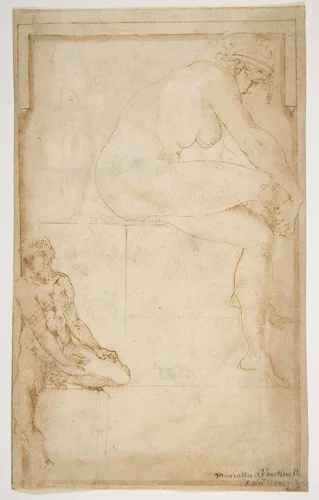 Two Figures in an Architectural Setting: A Female Nude Seated in a Profile View and a Seated Male Nude in a Three-Quarter View with the Left Leg Bent by Rosso Fiorentino, drawing, 1540-1560