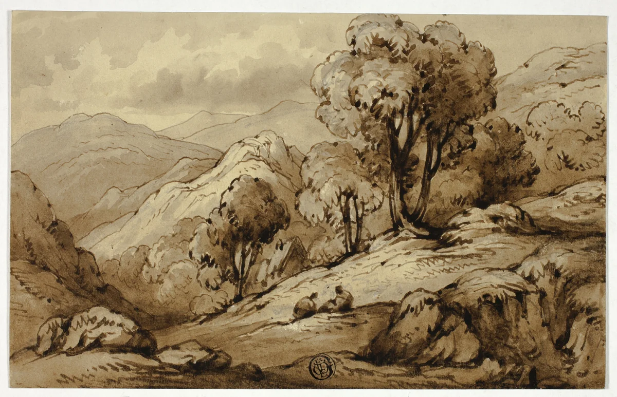 Mountainous Landscape with Two Figures in Foreground by John Varley, drawing, 1815-1836