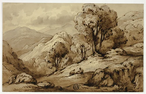 Mountainous Landscape with Two Figures in Foreground by John Varley, drawing, 1815-1836