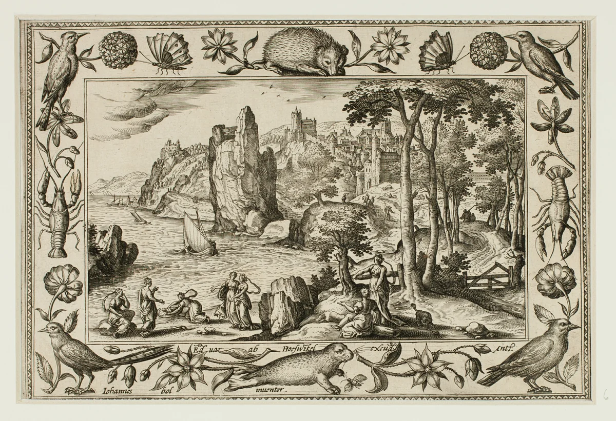 Pharaoh's Daughter Finding Moses, from Landscapes with Old and New Testament Scenes and Hunting Scenes by Adriaen Collaert, print, 1584