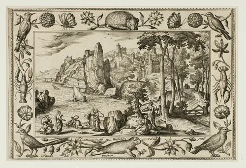 Pharaoh's Daughter Finding Moses, from Landscapes with Old and New Testament Scenes and Hunting Scenes by Adriaen Collaert, print, 1584