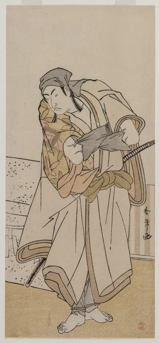 Ichikawa Monnosuke II Standing Beside a Stone Box by Katsukawa Shunjō, print, 1775-1785