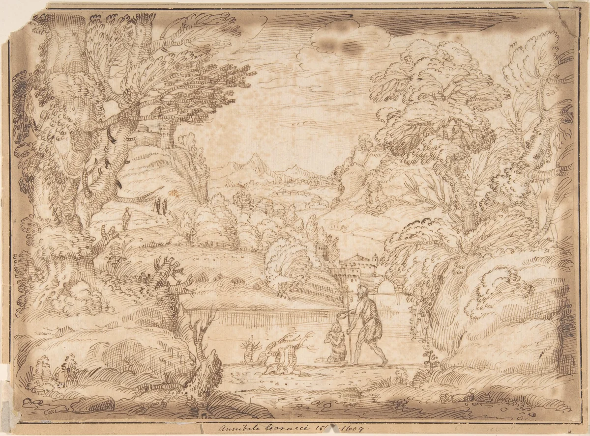 Landscape with the Baptism of Christ by anonymous, drawing, 1600-1700