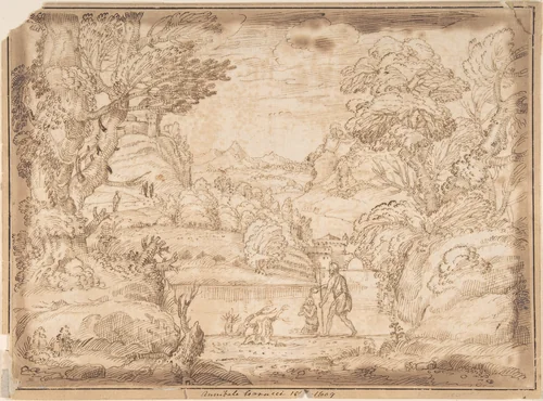 Landscape with the Baptism of Christ by anonymous, drawing, 1600-1700