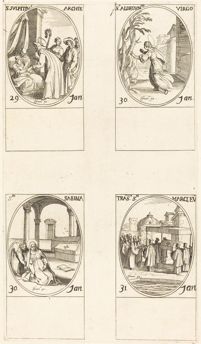 St. Sulpicius; St. Aldegondes; St. Sabina; The Calling of St. Mark by Jacques Callot, print, 1627-1637