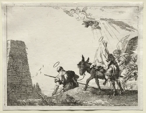Flight into Egypt: The Holy Family Passing near a Pyramid by Giovanni Domenico Tiepolo, print, 1745-1758