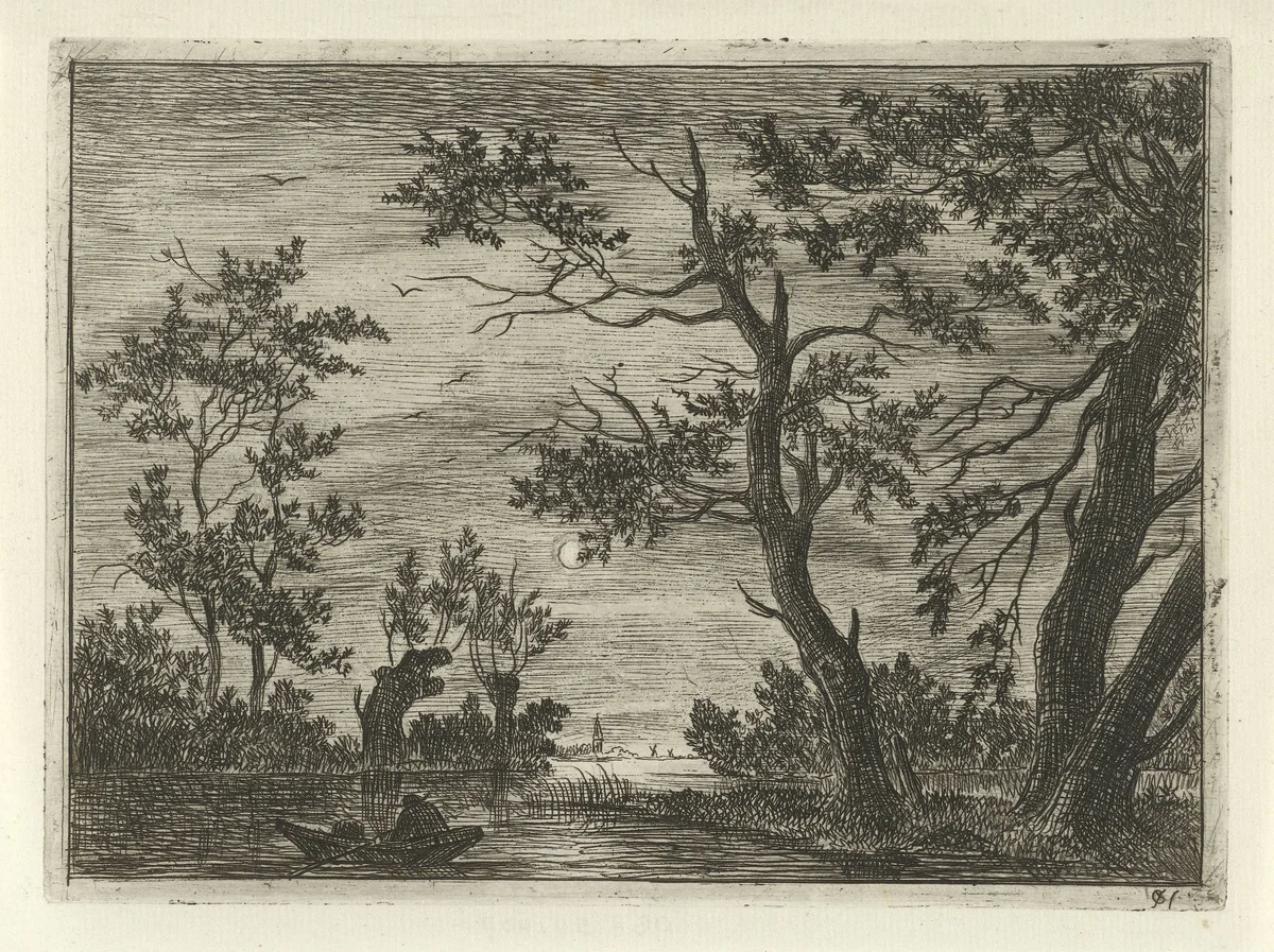 Nachtgezicht met een figuur in een boot by Cornelis van der Griendt, print, 1837-1918