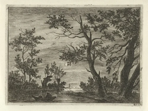 Nachtgezicht met een figuur in een boot by Cornelis van der Griendt, print, 1837-1918