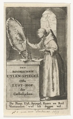 Tweede titelblad voor De Roomse Uilenspiegel by Samuel van Hoogstraten, print, 1648-1671