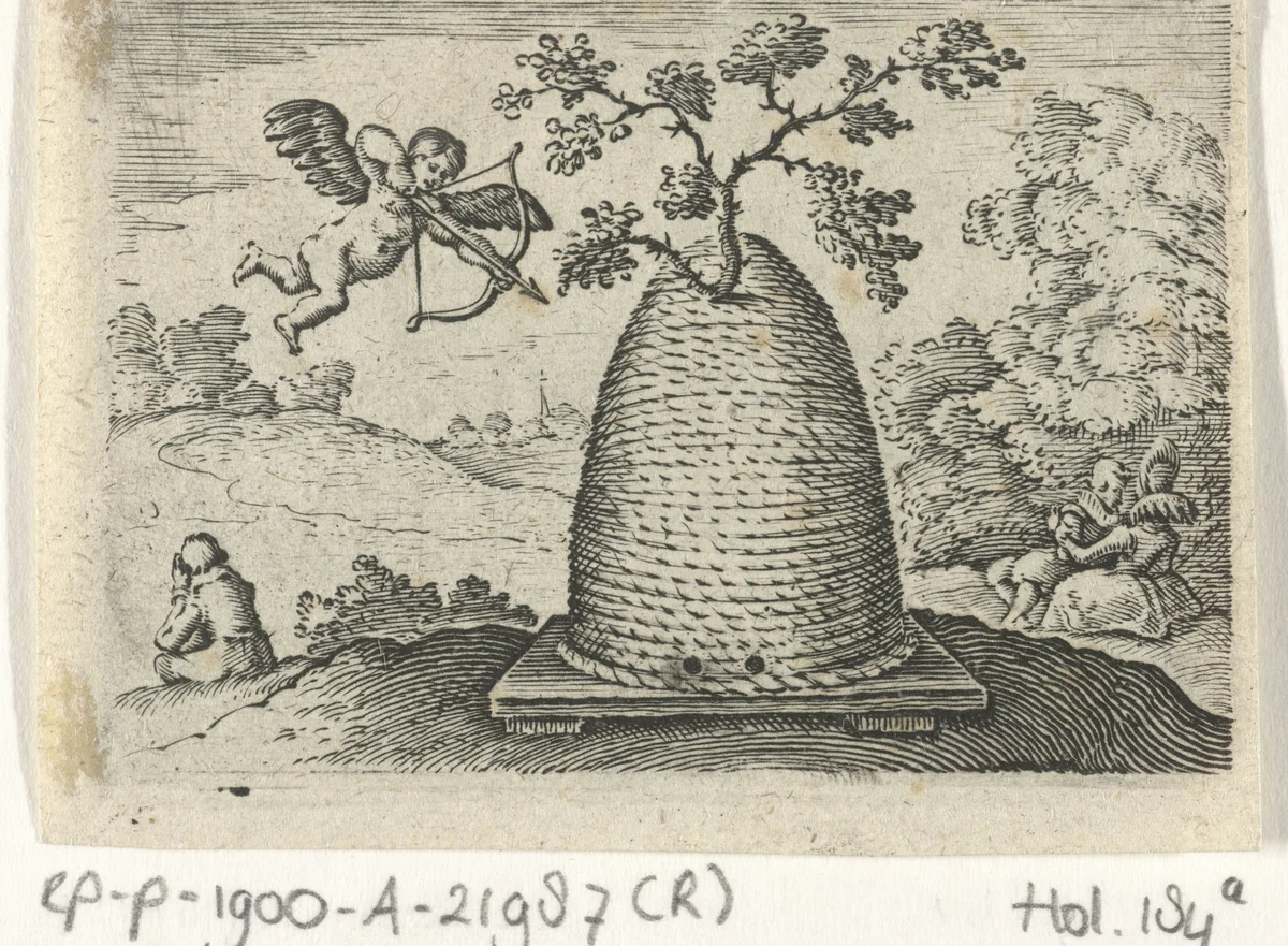 Amor bij een bijenkorf by Michiel le Blon, print, 1616