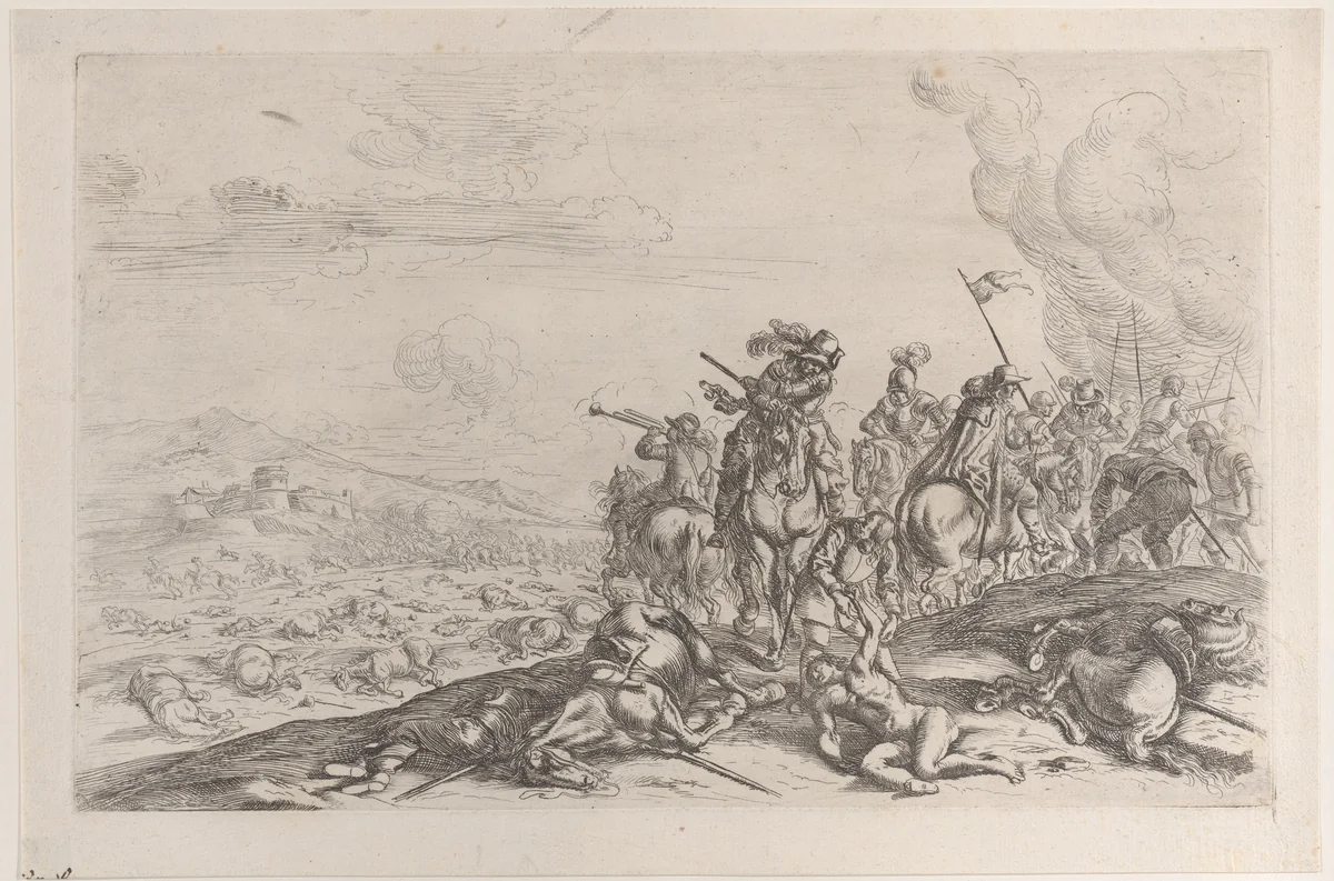Aiding the wounded after a battle by Jacques Courtois, print, 1635-1660