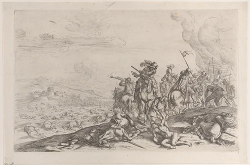 Aiding the wounded after a battle by Jacques Courtois, print, 1635-1660