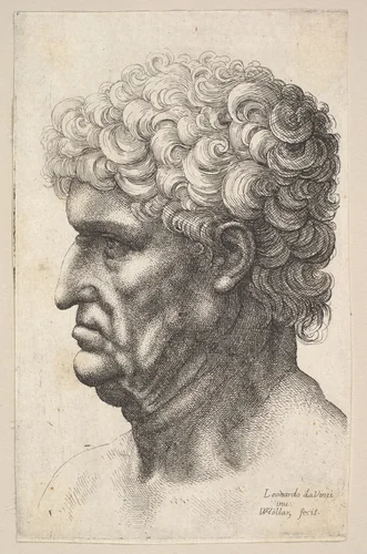 Head of a man with thick curly hair in profile to the left by Wenceslaus Hollar, print, 1644-1652