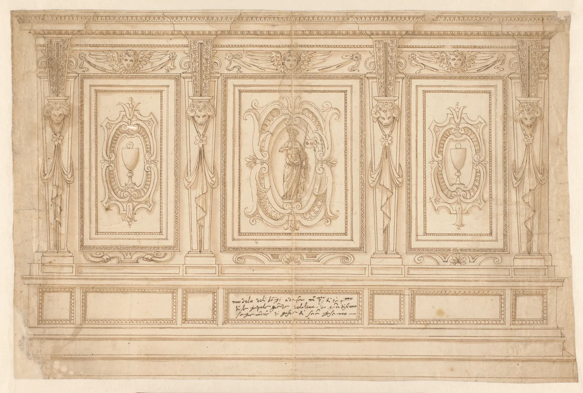 Sacristiekast met de herrezen Christus en twee miskelken met hostie's by anonymous, drawing, 1600