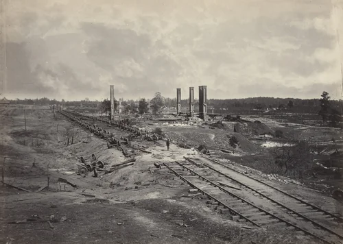Destruction of Hood's Ordnance Train from the album Photographic Views of Sherman's Campaign(1866) by George N. Barnard, photograph, 1864
