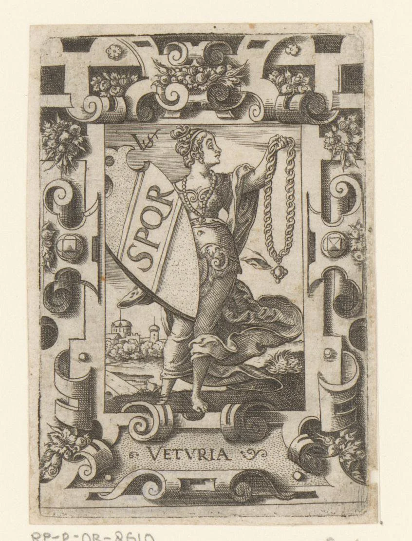 Veturia met wapenschild in rolwerk omlijsting by Unknown, print, 1524-1562
