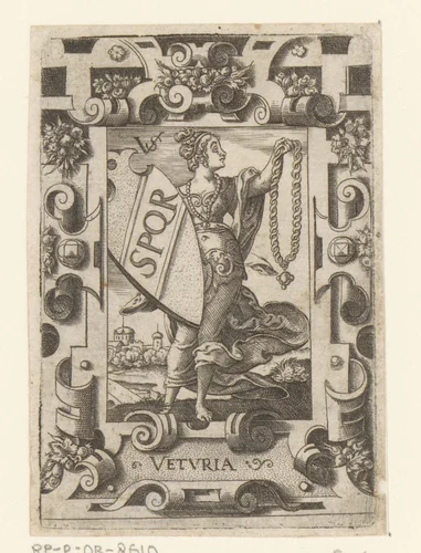 Veturia met wapenschild in rolwerk omlijsting by Unknown, print, 1524-1562