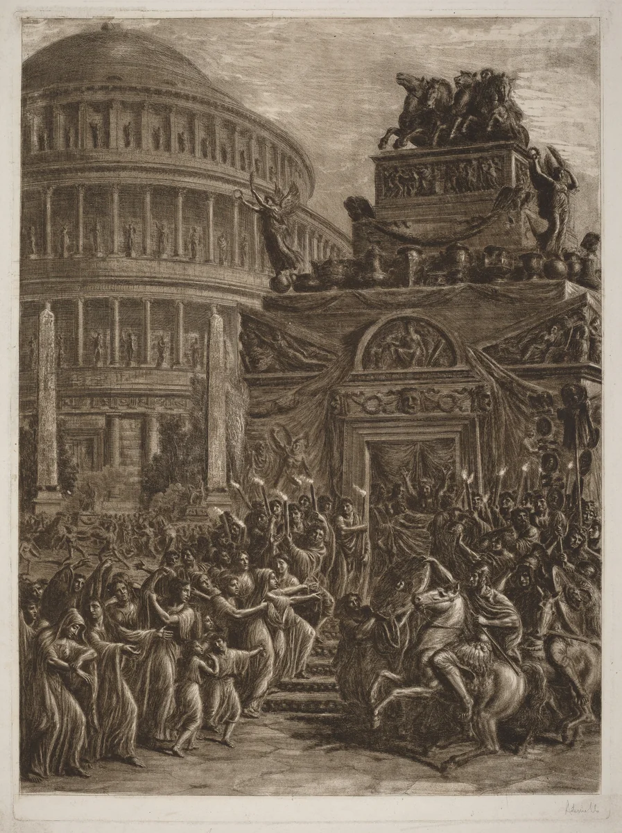 The Body of Hadrian Laying in State next to His Mausoleum by Luigi Ademollo, print, 1764-1849
