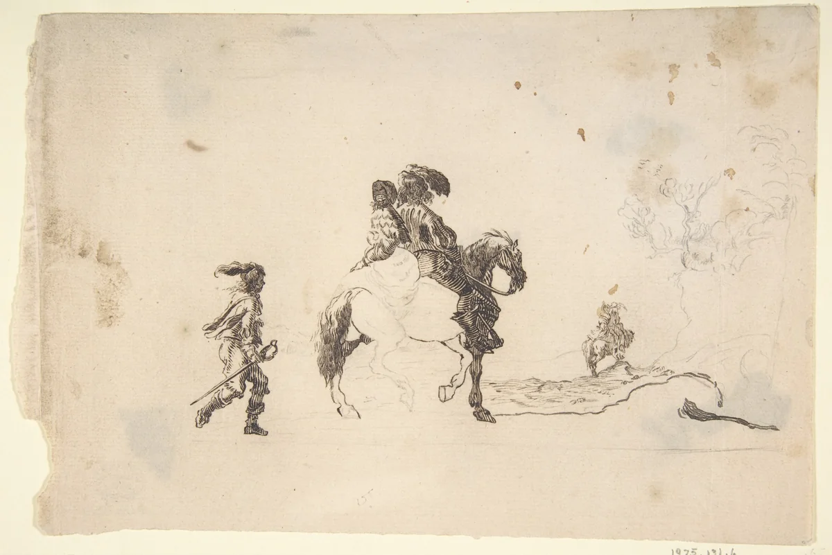 Two Figures on Horseback, a Soldier Walking Behind by Stefano della Bella, drawing, 1600-1700