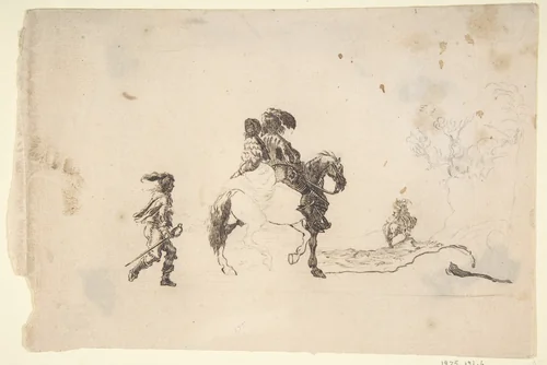 Two Figures on Horseback, a Soldier Walking Behind by Stefano della Bella, drawing, 1600-1700