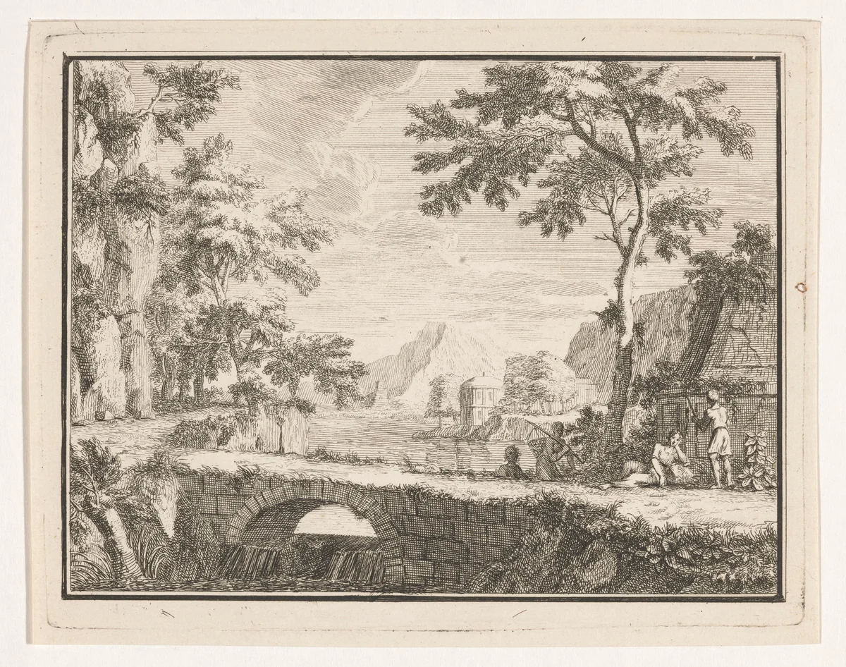 Arcadisch landschap met vissers bij een stenen brug by Louis Fabritius Dubourg, print, 1713-1775