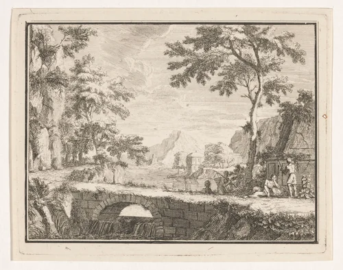 Arcadisch landschap met vissers bij een stenen brug by Louis Fabritius Dubourg, print, 1713-1775