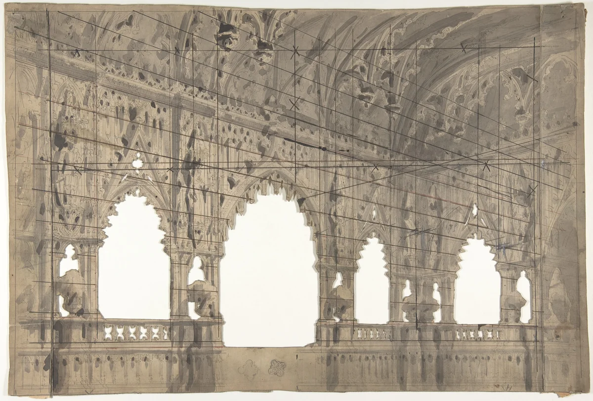 Design for a Stage Set at the Opéra, Paris: Church Interior by Eugène Cicéri, drawing, 1830-1890