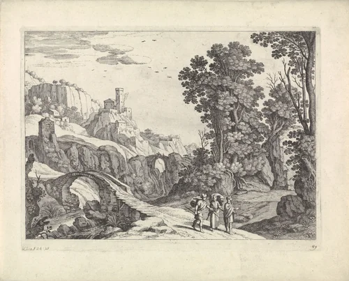 Landschap met de Emmaüsgangers by Guilliam van Nieulandt, print, 1594-1635