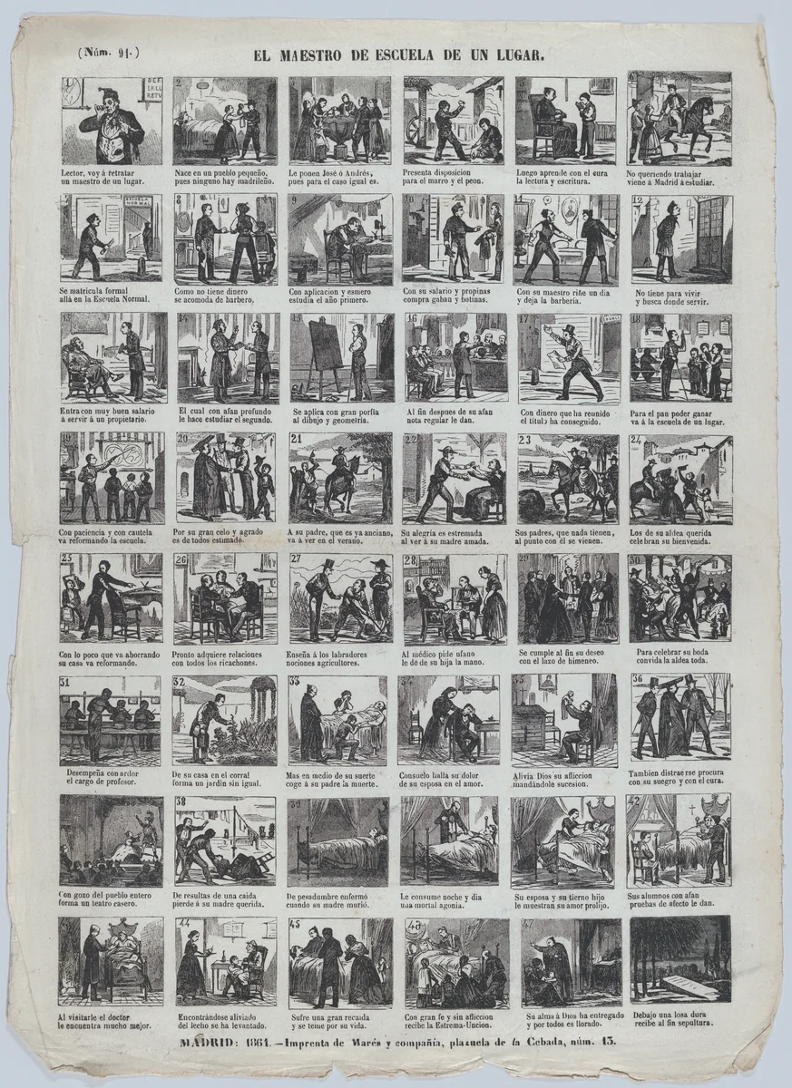 Broadside with 48 scenes depicting the experiences of a schoolteacher in an unknown small town ('de un lugar') by José María Marés, print, 1864