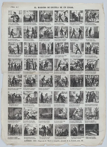 Broadside with 48 scenes depicting the experiences of a schoolteacher in an unknown small town ('de un lugar') by José María Marés, print, 1864