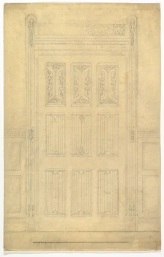 Carved Wood Door for Dining Room, Leighton Hall by John Gregory Crace, drawing, 1849-1859