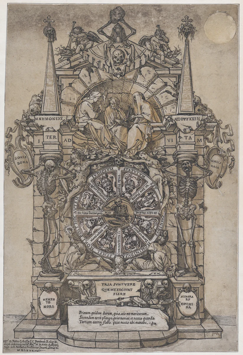 Triumph of Death with three fates in an architectural frame above a wheel of fortune flanked by skeletons; a skull and an hour glass at top and with wheel intended to spin at center by Andrea Andreani, print, 1588