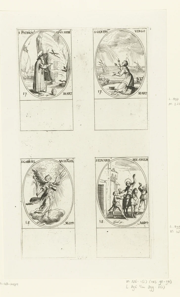 Heilige Patricius van Ierland, Heilige Gertrudis van Nijvel, Aartsengel Gabriël, Heilige Eduard de Martelaar (17-18 maart) by Jacques Callot, print, 1632-1636