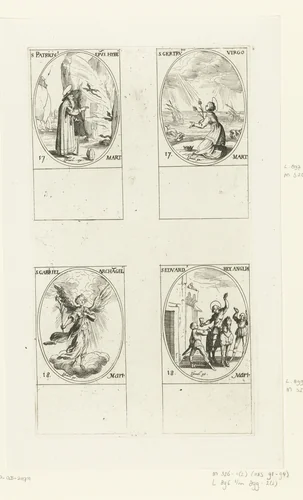 Heilige Patricius van Ierland, Heilige Gertrudis van Nijvel, Aartsengel Gabriël, Heilige Eduard de Martelaar (17-18 maart) by Jacques Callot, print, 1632-1636