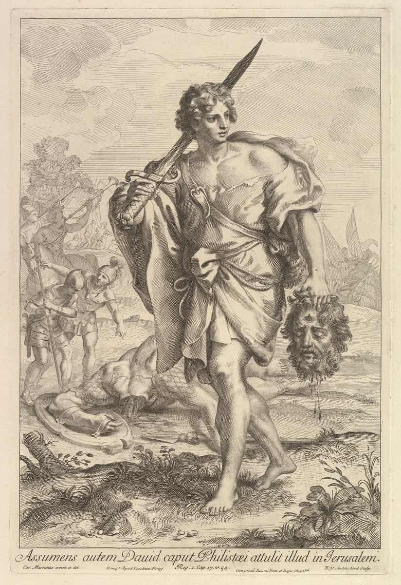 David with the Head of Goliath by Robert van Audenaerde, print, 1663-1743