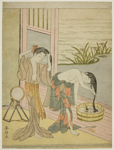 Two Women Washing Their Hair by Suzuki Harunobu (鈴木春信), print, 1762-1770
