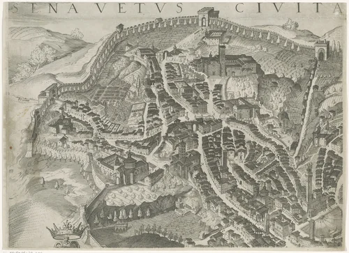 Plattegrond van Siena (deel midden links) by anonymous, print, 1597
