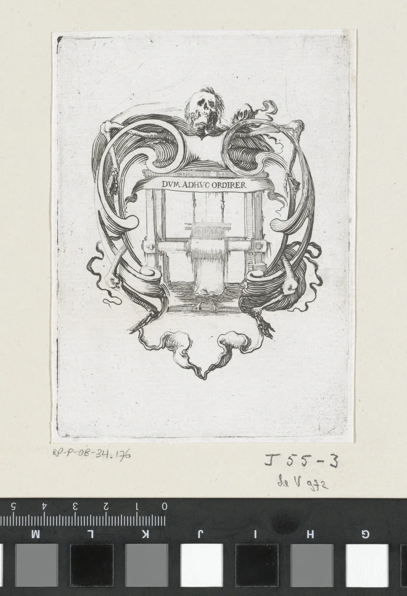 Cartouche met weefgetouw by Stefano della Bella, print, 1620-1664