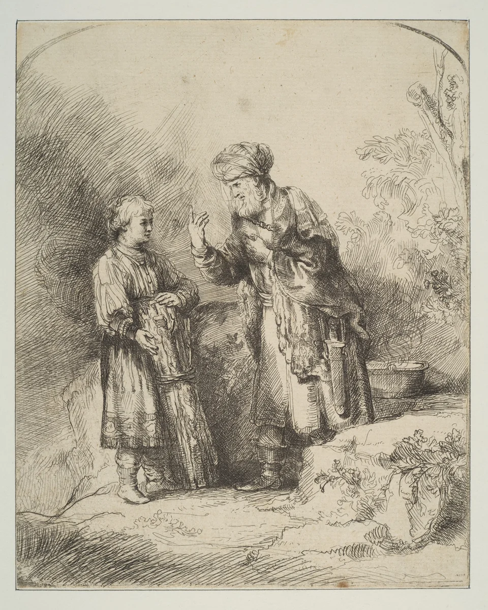 Abraham and Isaac (reverse copy) by Rembrandt van Rijn, print, 1620-1900