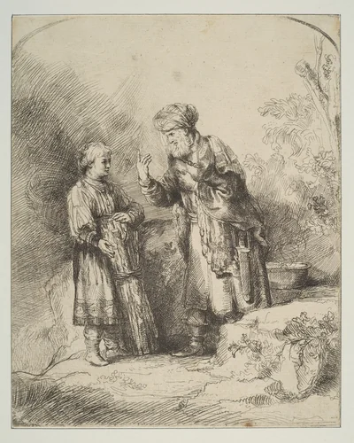 Abraham and Isaac (reverse copy) by Rembrandt van Rijn, print, 1620-1900