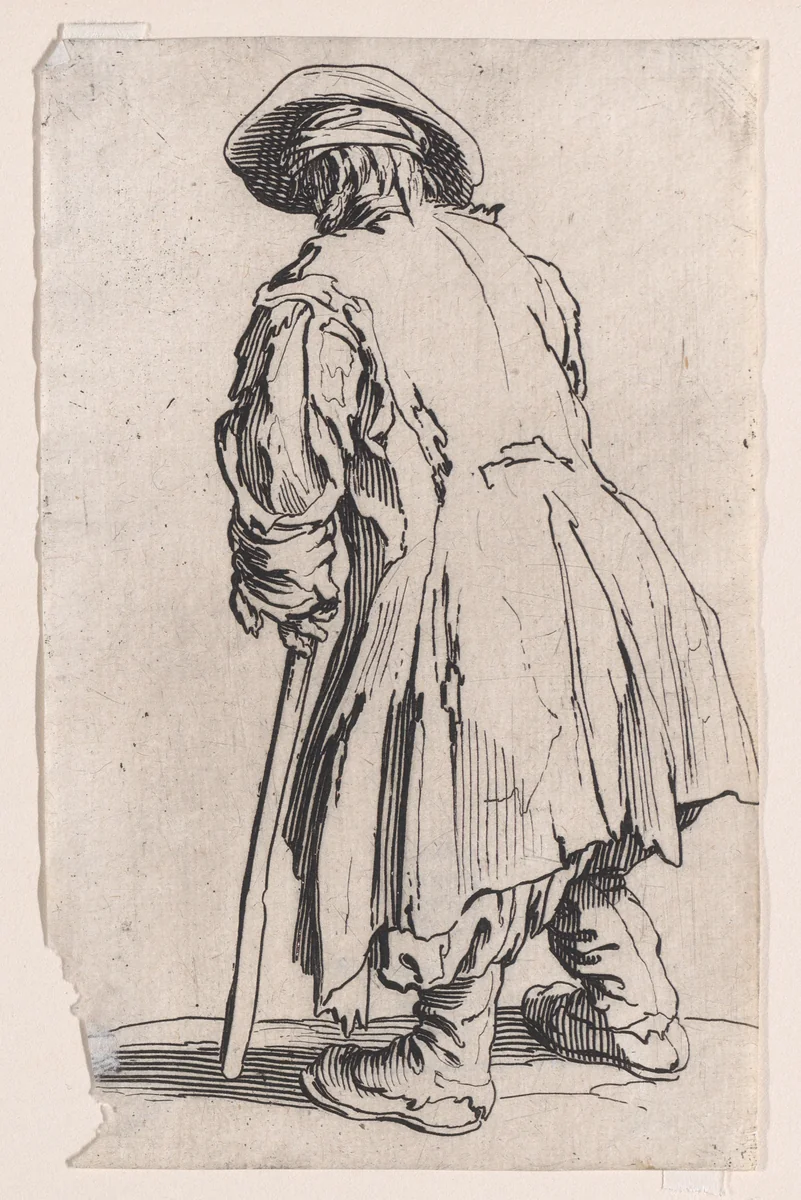Le Vieux Mendiant a une Seule Béquille (The Old Beggar with One Crutch), from "Les Gueux suite appelée aussi Les Mendiants, Les Baroni, ou Les Barons" (The Beggars, also called the Barons) by Jacques Callot, print, 1618-1628