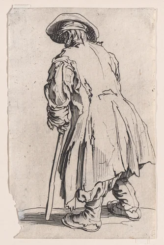 Le Vieux Mendiant a une Seule Béquille (The Old Beggar with One Crutch), from "Les Gueux suite appelée aussi Les Mendiants, Les Baroni, ou Les Barons" (The Beggars, also called the Barons) by Jacques Callot, print, 1618-1628