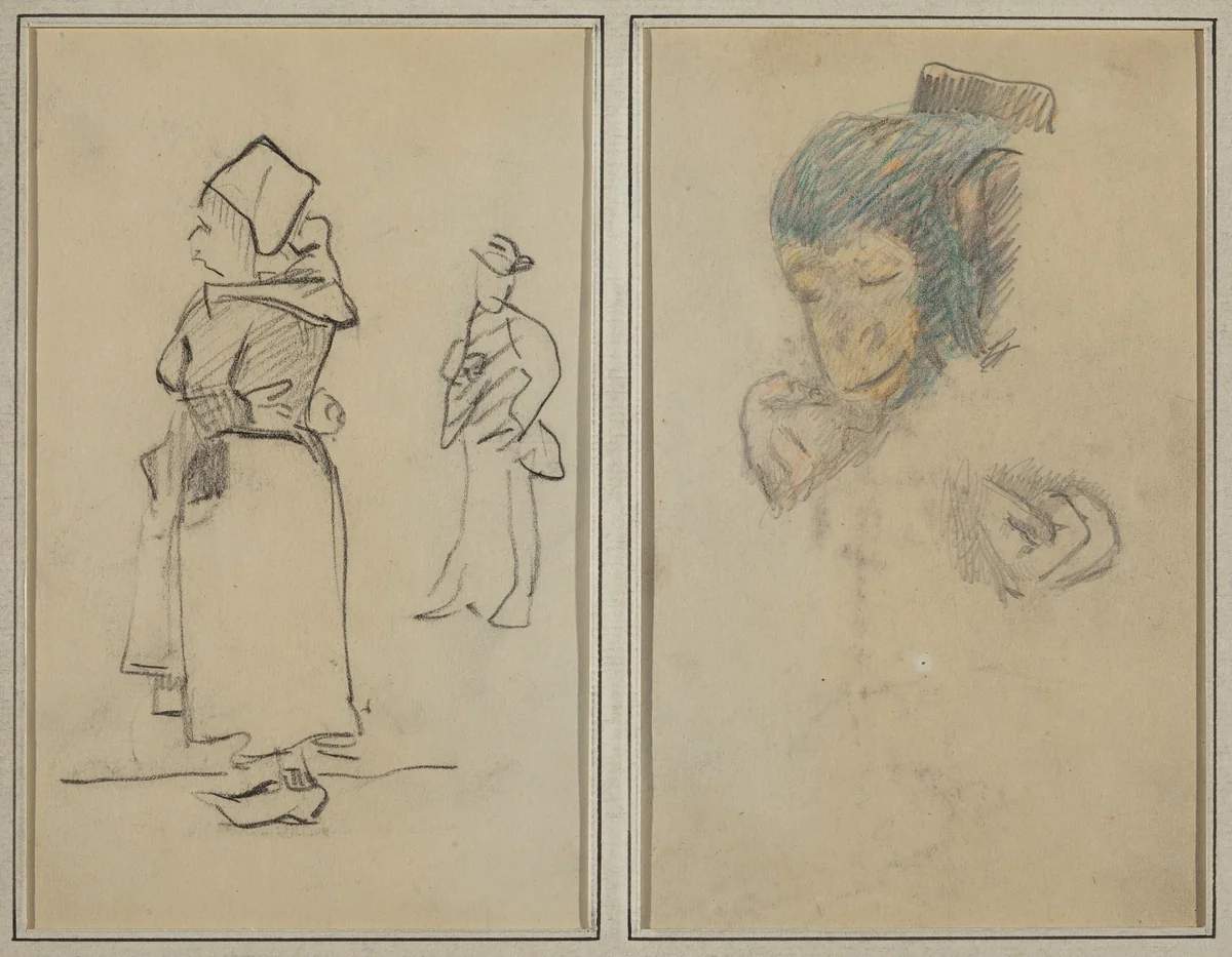 A Breton Woman and a Standing Man; Head and Hand of a Monkey [recto] by Paul Gauguin, drawing, 1884-1888