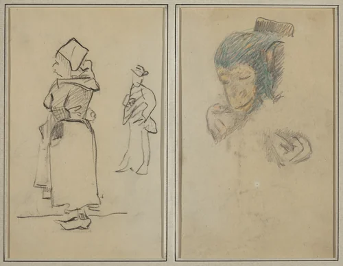 A Breton Woman and a Standing Man; Head and Hand of a Monkey [recto] by Paul Gauguin, drawing, 1884-1888