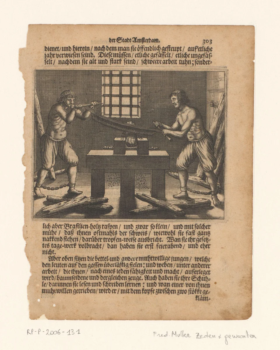 Twee gevangenen aan het werk in het rasphuis by anonymous, book, 1664