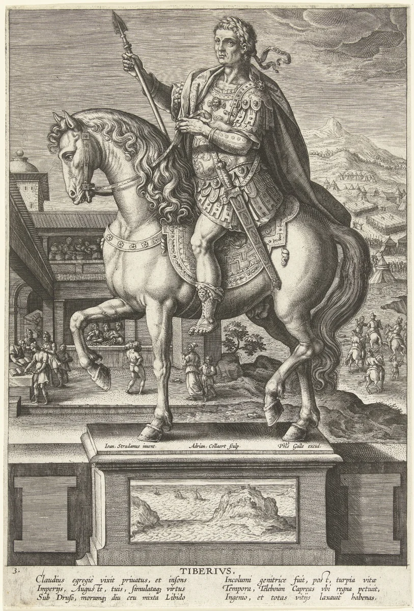 Keizer Tiberius te paard by Unknown, print, 1587-1589