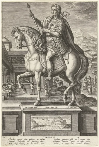 Keizer Tiberius te paard by Unknown, print, 1587-1589