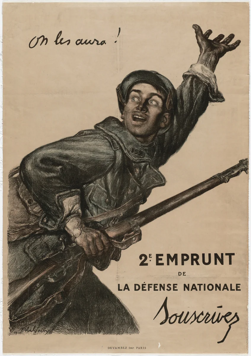 On les aura!, 2e. Emprunt de La Défense Nationale by Jules-Abel Faivre, design, 1916