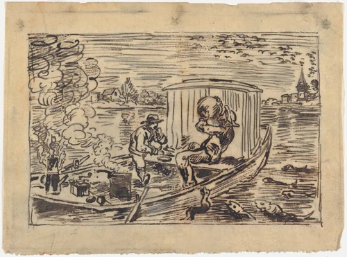 Guzzling or Lunch on the Boat by Charles-François Daubigny, drawing, 1862